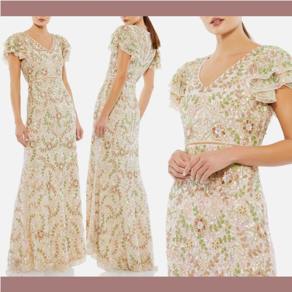 NWT $698 Mac Duggal [ 22 ] Embellished Ruffled Cap Sleeve V-Neck Gown Nude #Q608